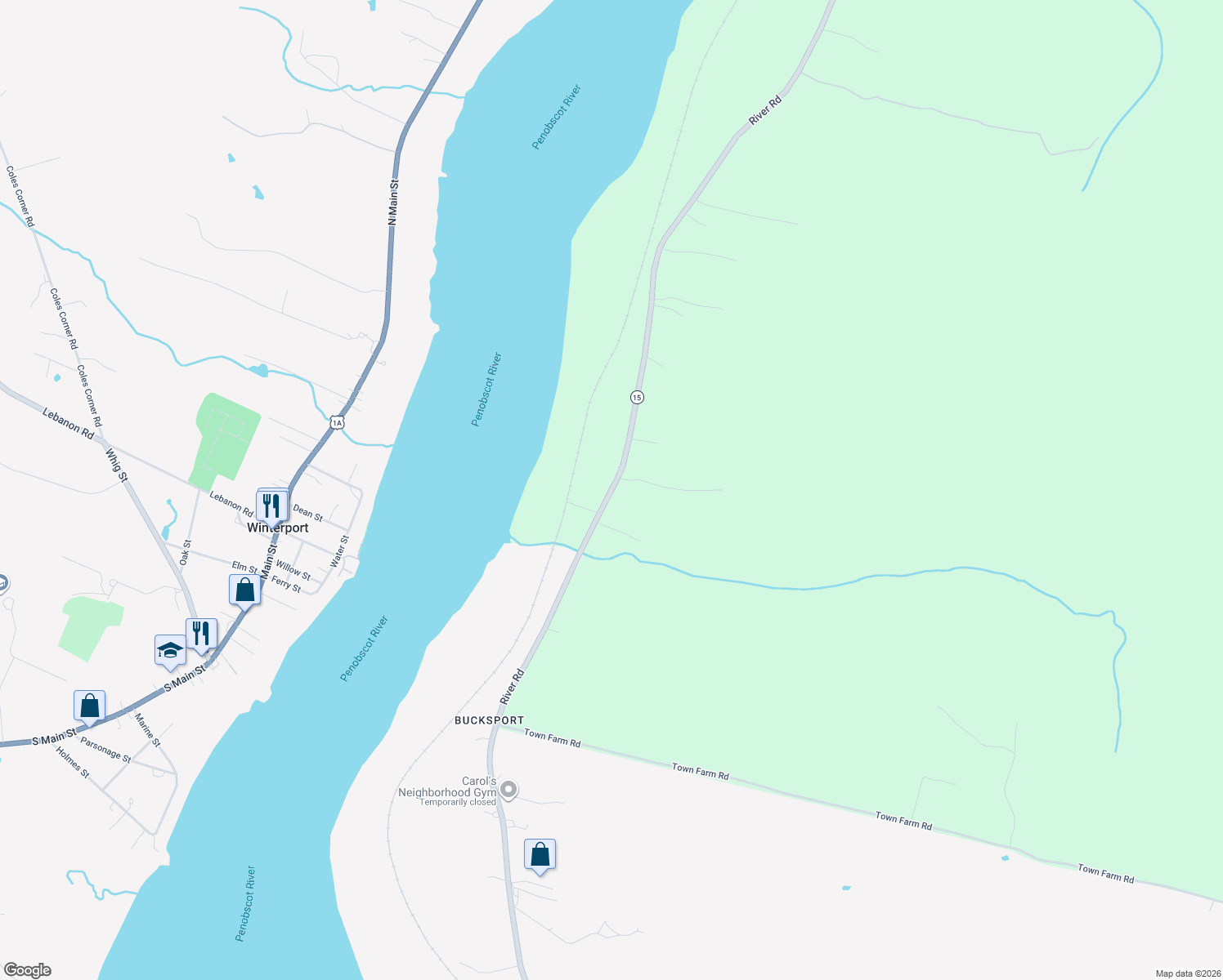 map of restaurants, bars, coffee shops, grocery stores, and more near 530 River Road in Bucksport