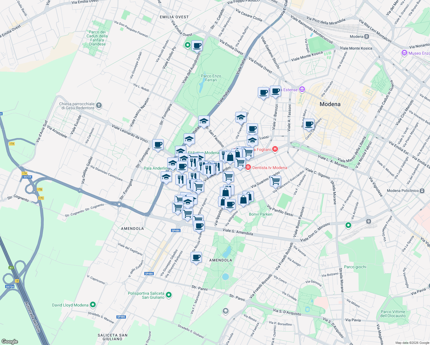map of restaurants, bars, coffee shops, grocery stores, and more near 358 Via Pietro Giardini in Modena
