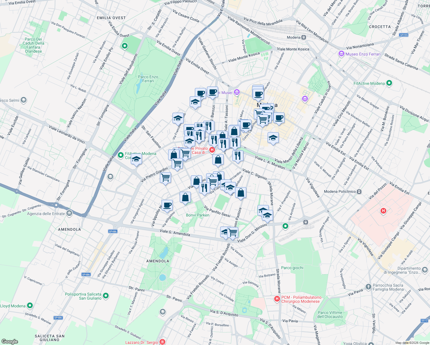 map of restaurants, bars, coffee shops, grocery stores, and more near 15 Via Jacopo Seghizzi in Modena