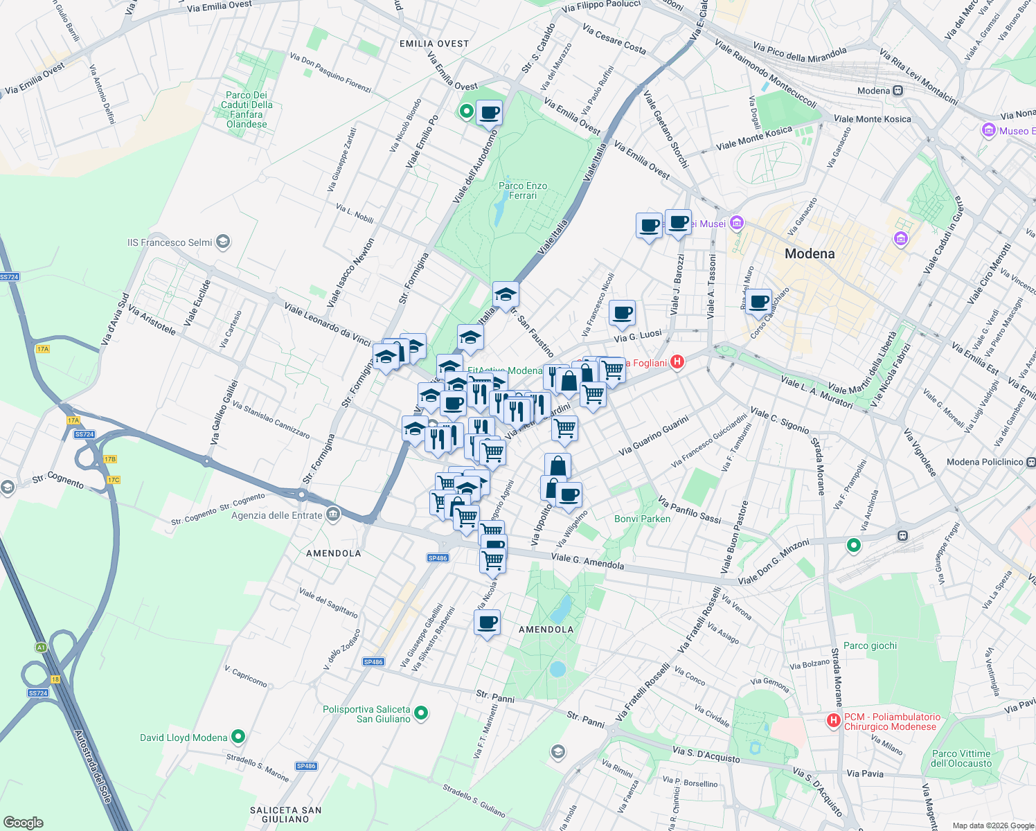 map of restaurants, bars, coffee shops, grocery stores, and more near 45 Via Antonio Cardarelli in Modena