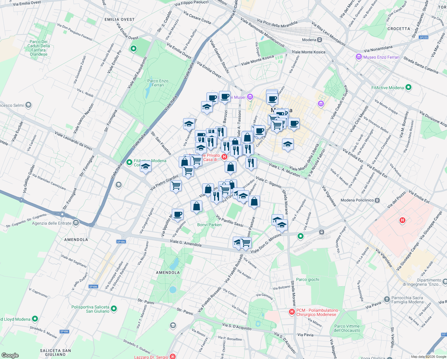 map of restaurants, bars, coffee shops, grocery stores, and more near 15 Via Jacopo Seghizzi in Modena