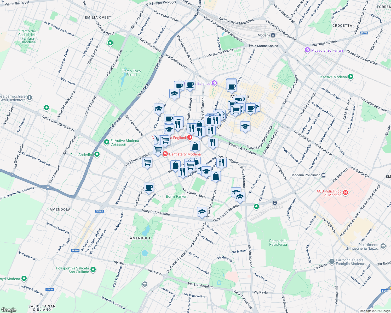 map of restaurants, bars, coffee shops, grocery stores, and more near 107 Via L. Lana in Modena