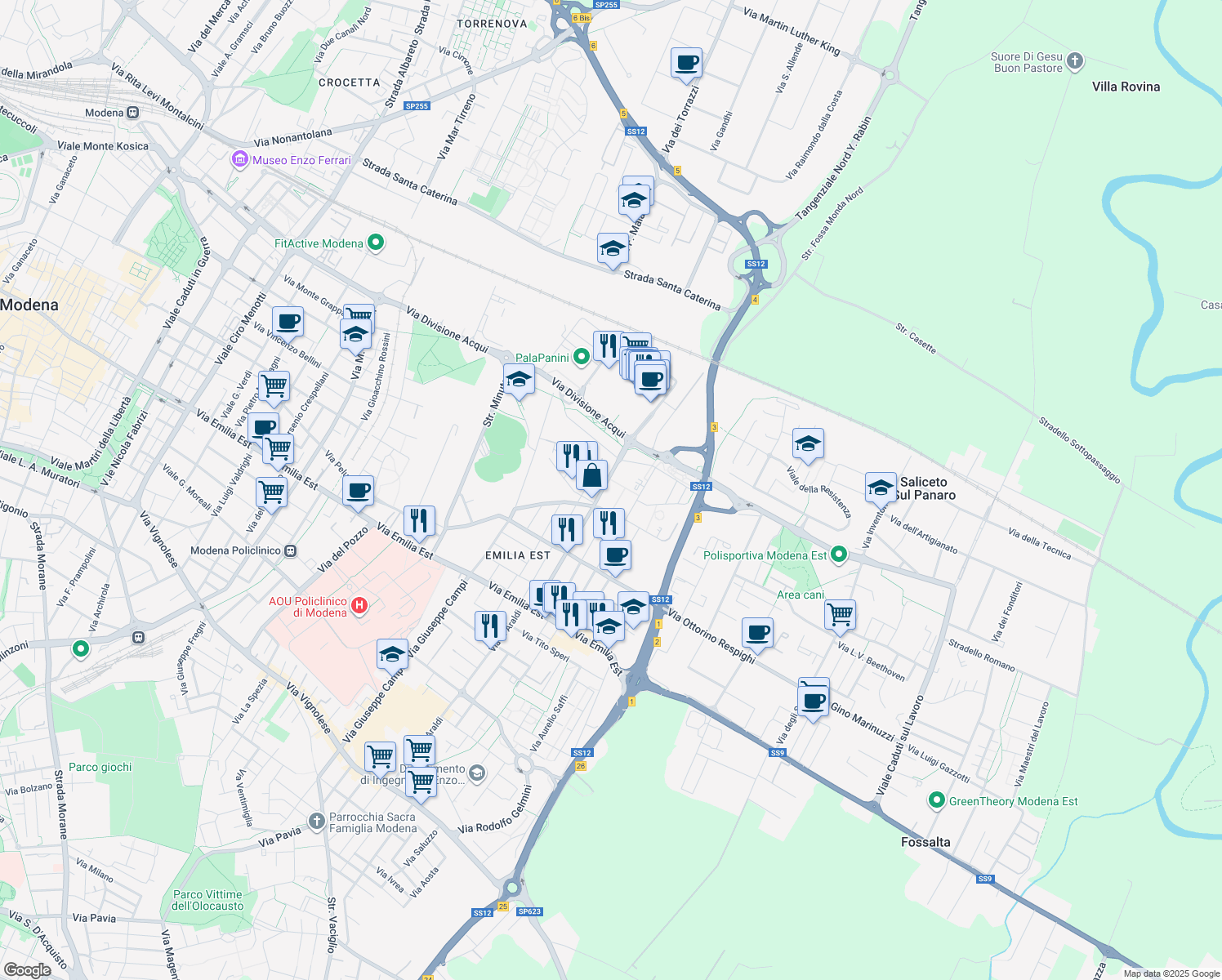 map of restaurants, bars, coffee shops, grocery stores, and more near 4 Strada Fossa Monda Sud in Modena