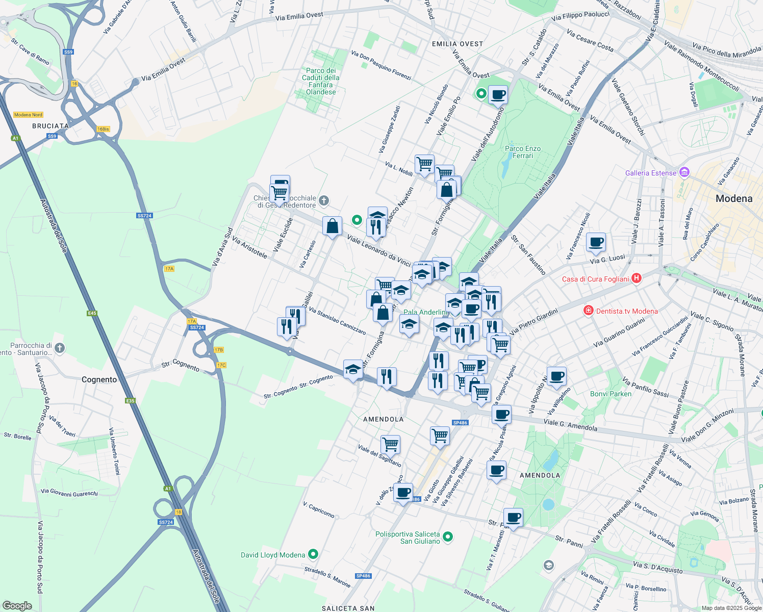map of restaurants, bars, coffee shops, grocery stores, and more near 274-318 Strada Formigina in Modena