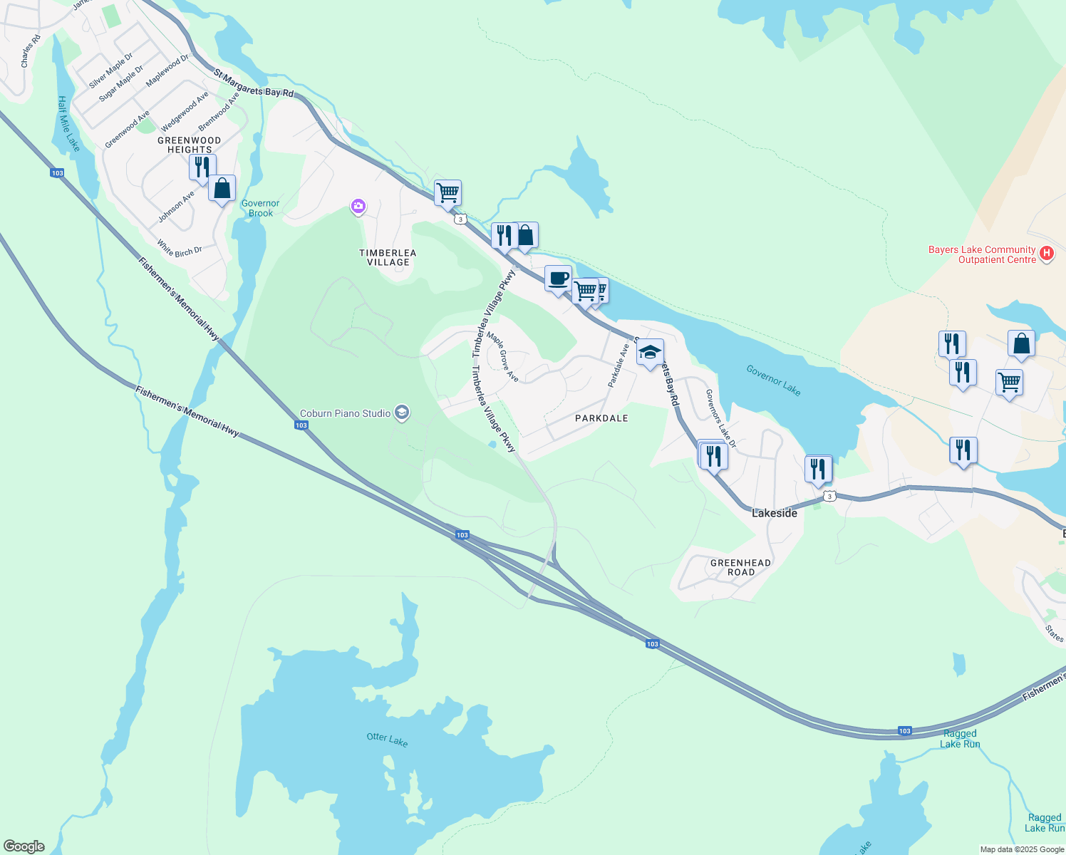 map of restaurants, bars, coffee shops, grocery stores, and more near 35 Maple Drive in Timberlea