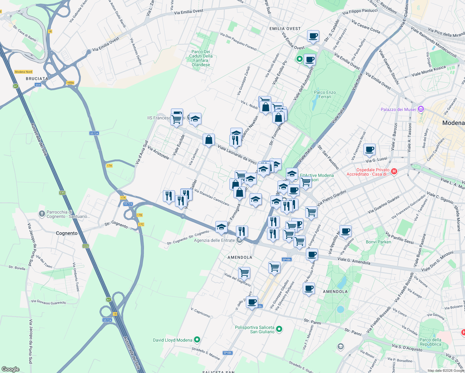 map of restaurants, bars, coffee shops, grocery stores, and more near Via Luigi Pasteur in Modena