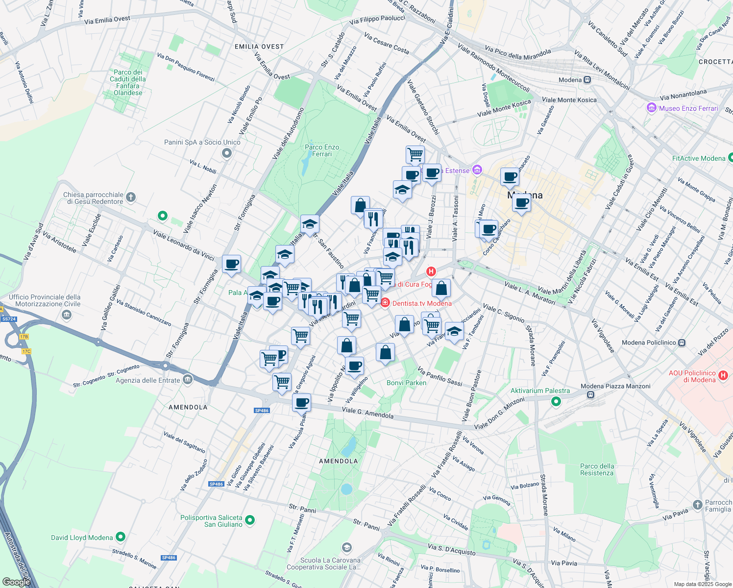 map of restaurants, bars, coffee shops, grocery stores, and more near 2 Strada San Faustino in Modena