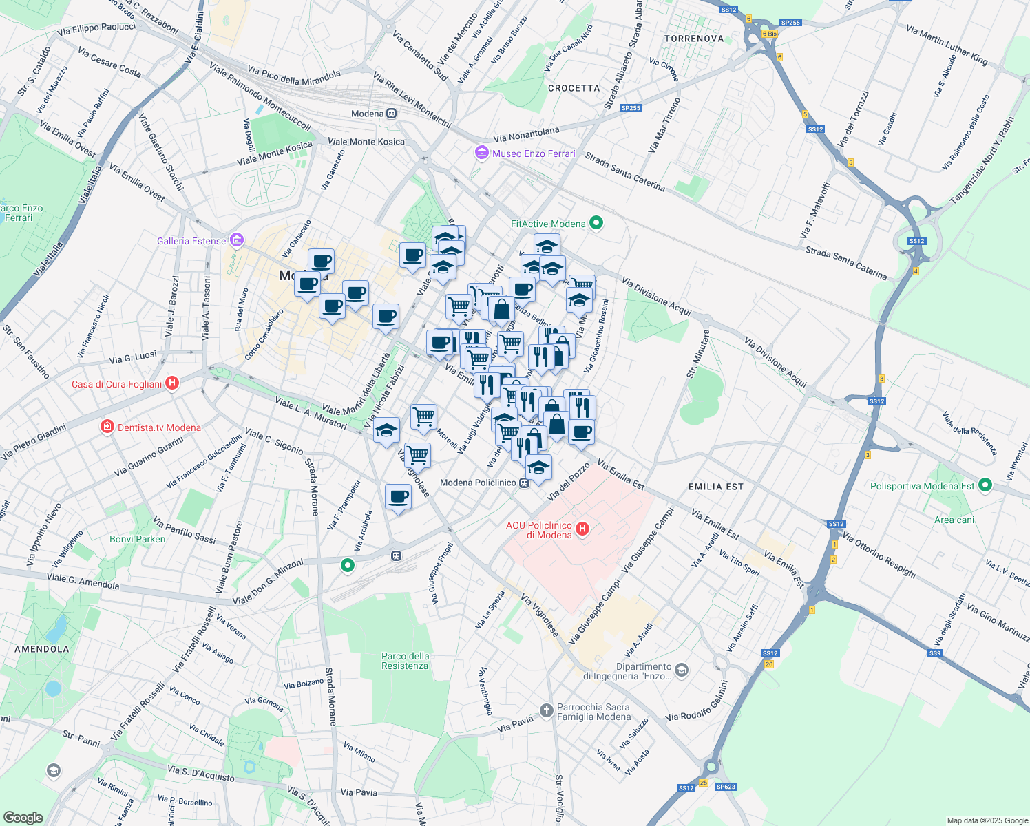 map of restaurants, bars, coffee shops, grocery stores, and more near 210 Via Emilia Est in Modena