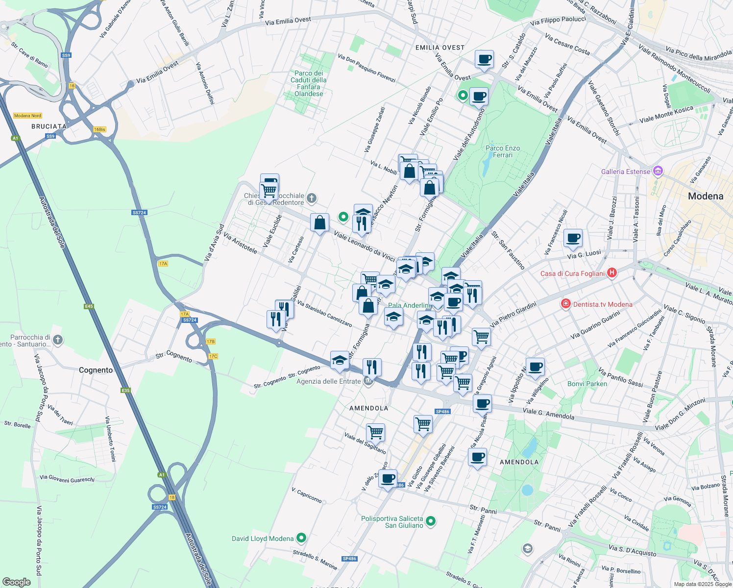 map of restaurants, bars, coffee shops, grocery stores, and more near 30 Via Maria Curie in Modena