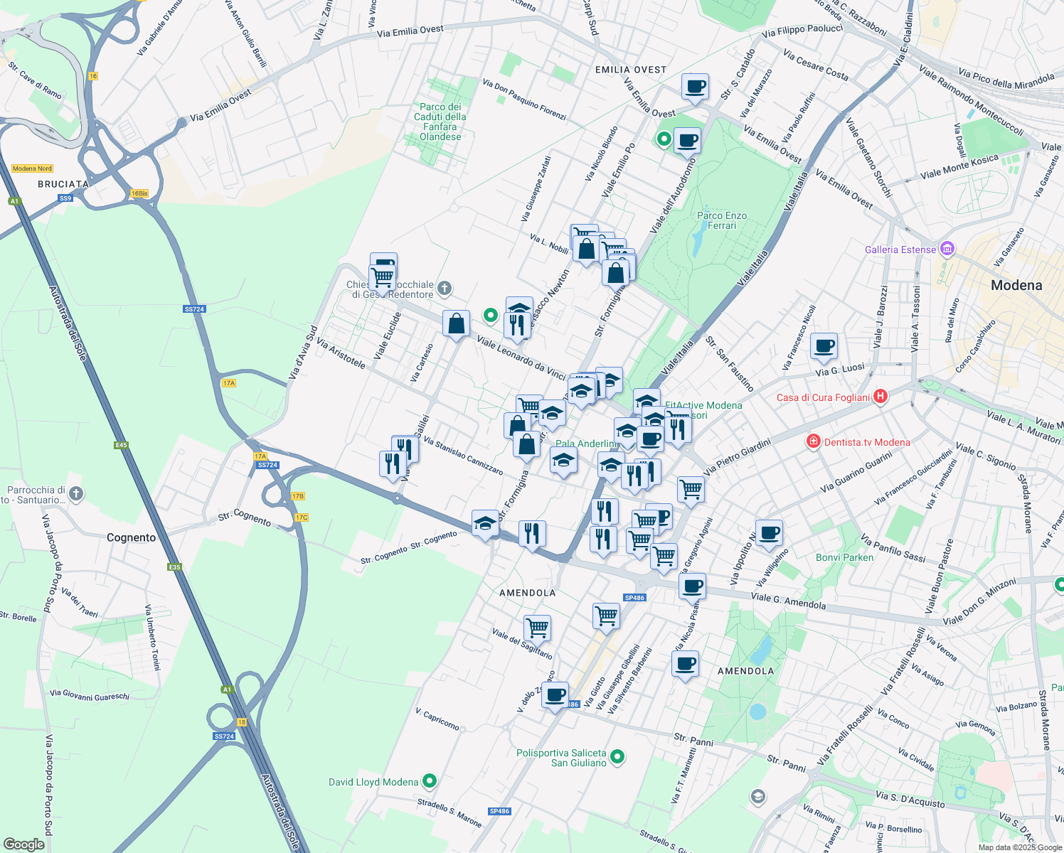 map of restaurants, bars, coffee shops, grocery stores, and more near 30 Via Maria Curie in Modena