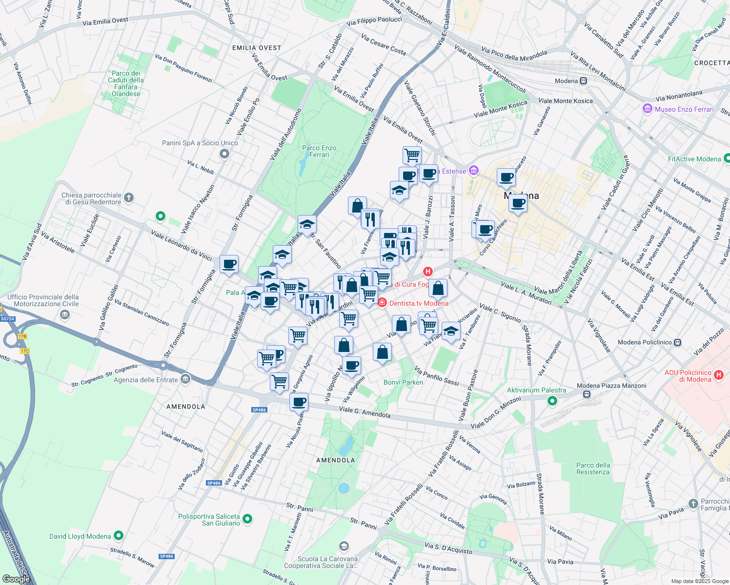 map of restaurants, bars, coffee shops, grocery stores, and more near 2-50 Strada San Faustino in Modena