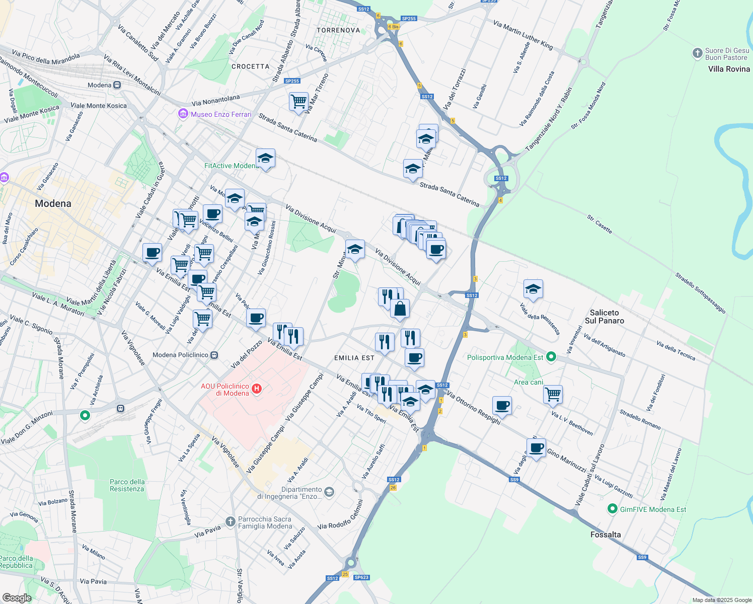 map of restaurants, bars, coffee shops, grocery stores, and more near 39 Via Saverio Mercadante in Modena