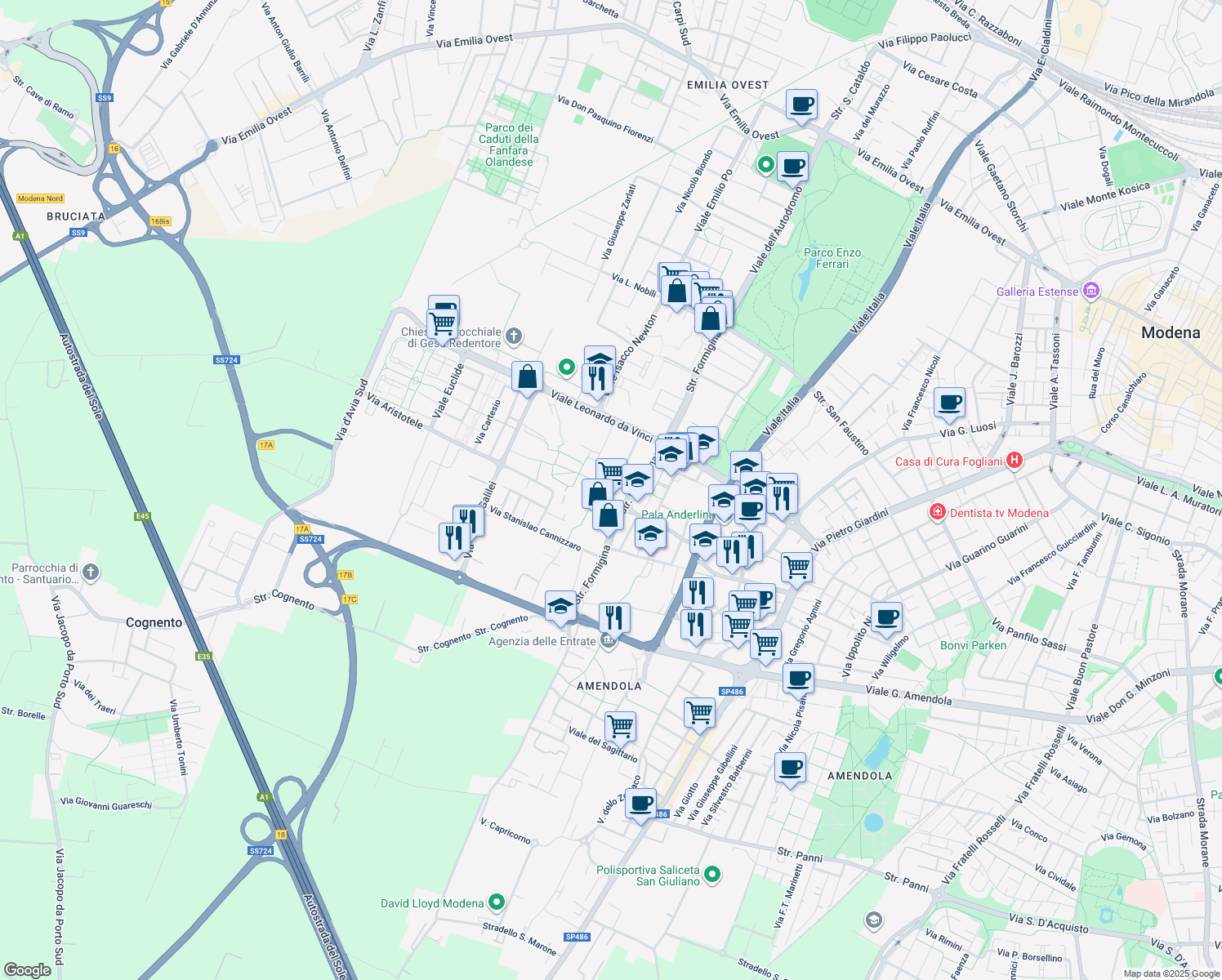 map of restaurants, bars, coffee shops, grocery stores, and more near 30 Via Marie Curie in Modena