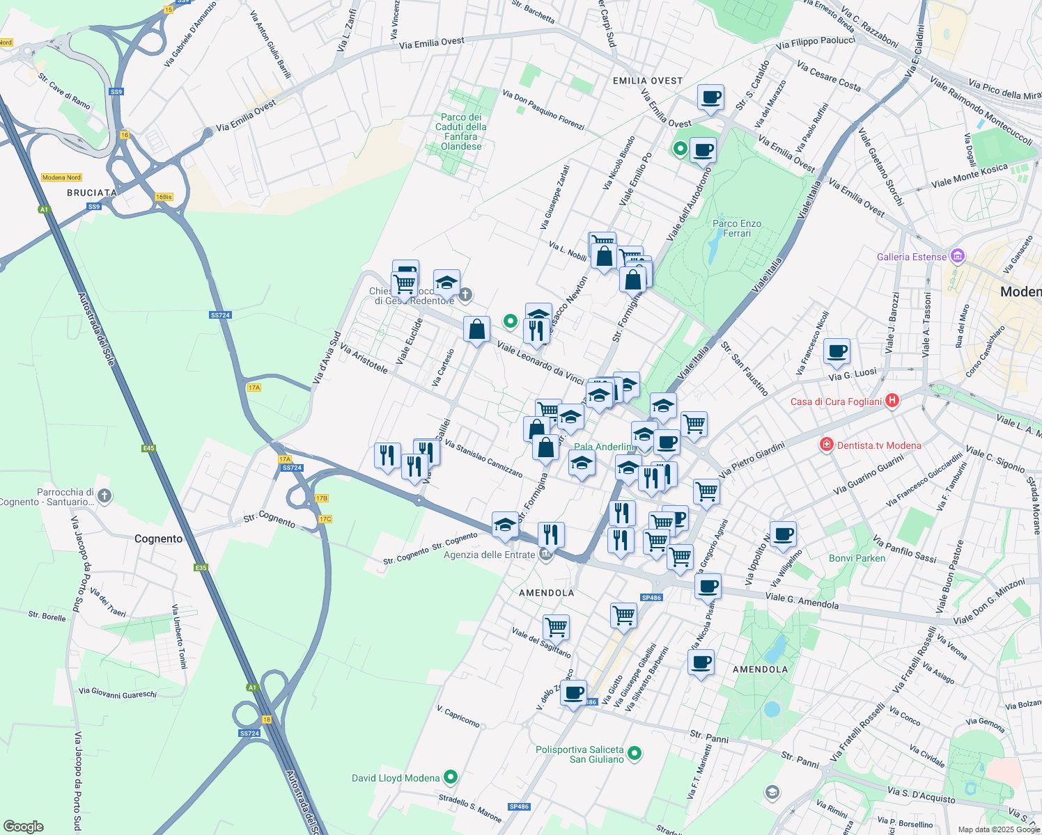 map of restaurants, bars, coffee shops, grocery stores, and more near Via Luigi Pasteur in Modena