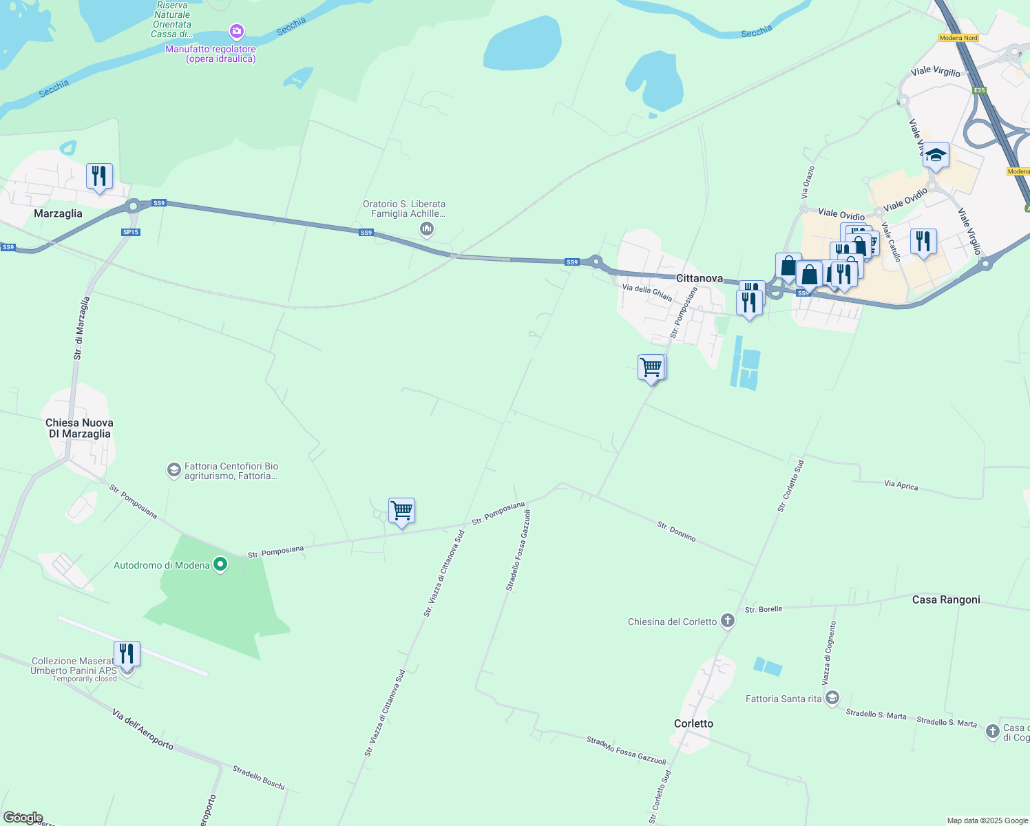 map of restaurants, bars, coffee shops, grocery stores, and more near 95 Stradello Giovanardi in Modena