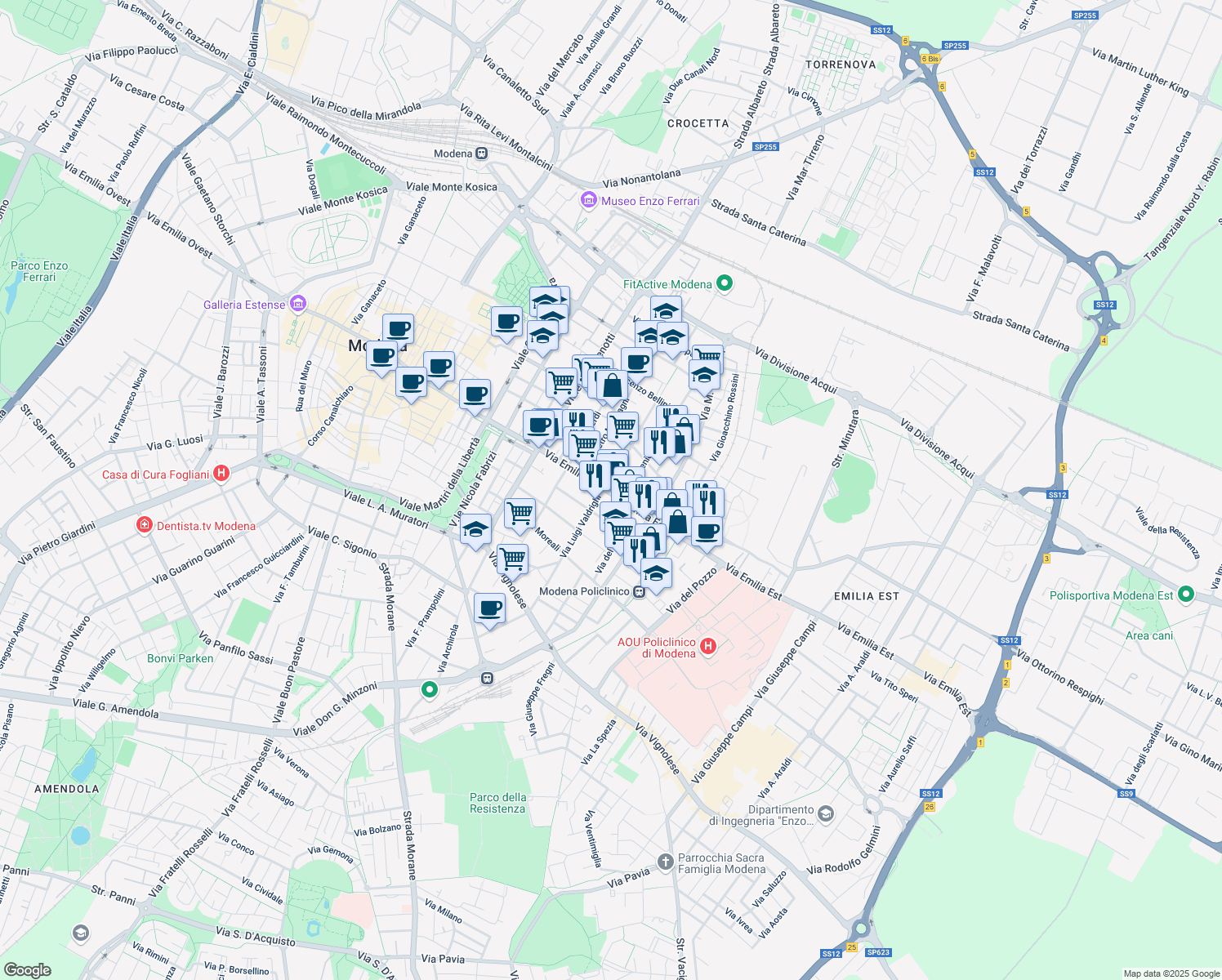 map of restaurants, bars, coffee shops, grocery stores, and more near 210 Via Emilia Est in Modena