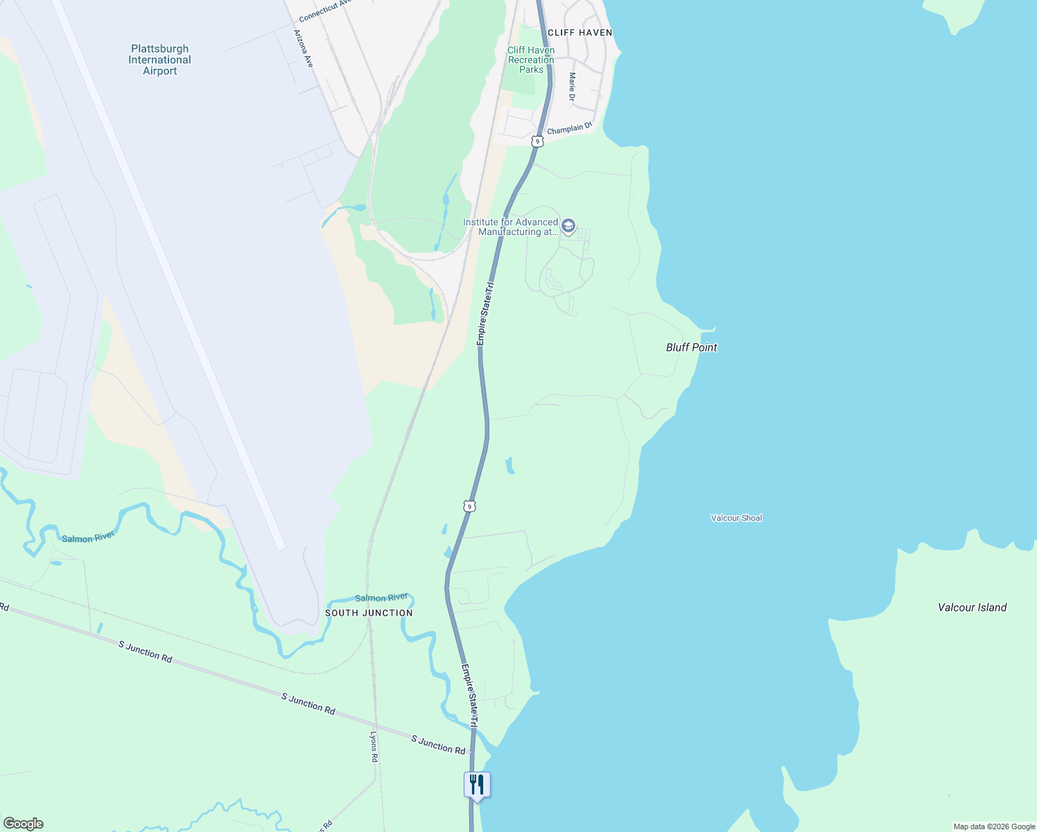 map of restaurants, bars, coffee shops, grocery stores, and more near 171 Bluff Point Dr in Plattsburgh
