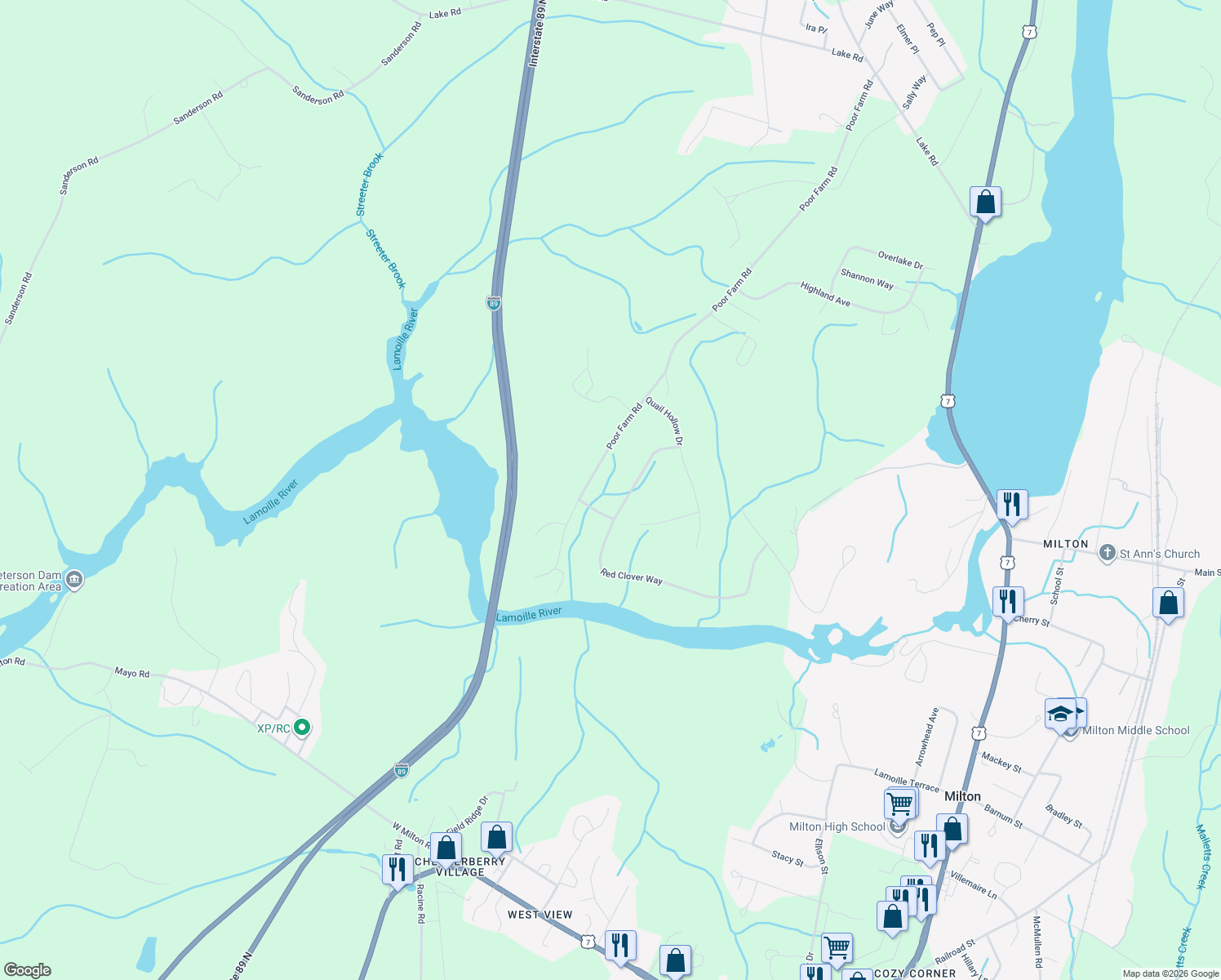 map of restaurants, bars, coffee shops, grocery stores, and more near 45 Red Clover Way in Milton