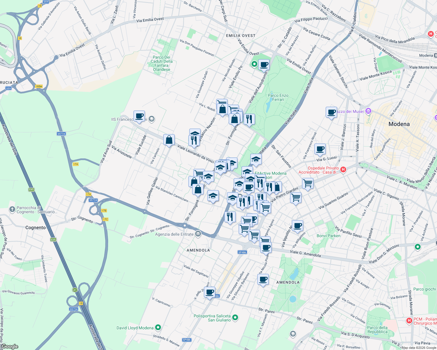 map of restaurants, bars, coffee shops, grocery stores, and more near in Modena