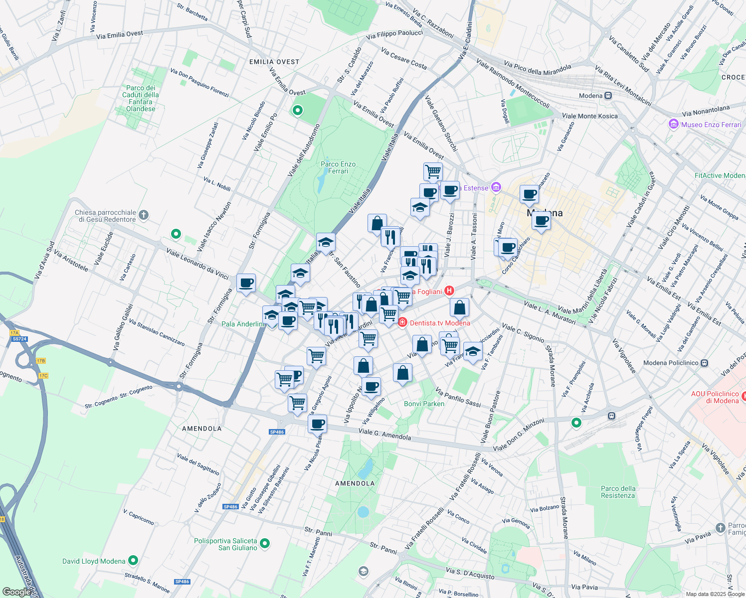 map of restaurants, bars, coffee shops, grocery stores, and more near 2-50 Strada San Faustino in Modena