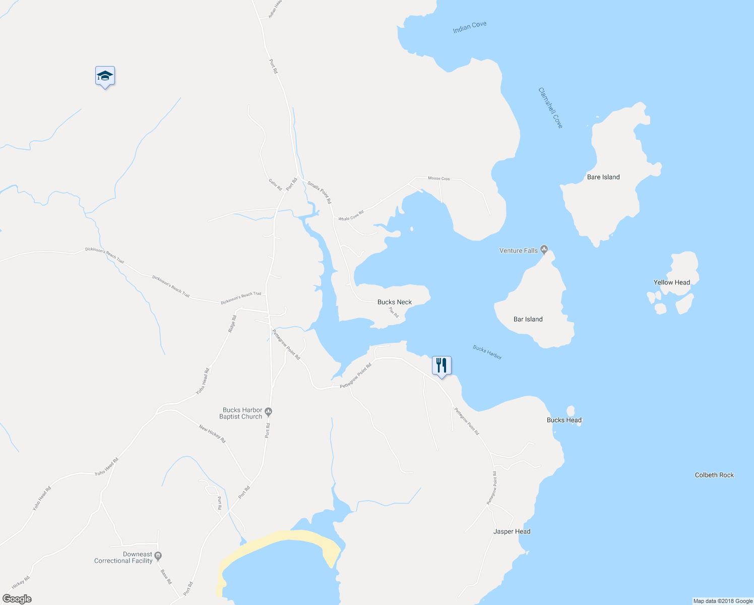 map of restaurants, bars, coffee shops, grocery stores, and more near 87 Smalls Point Road in Machiasport