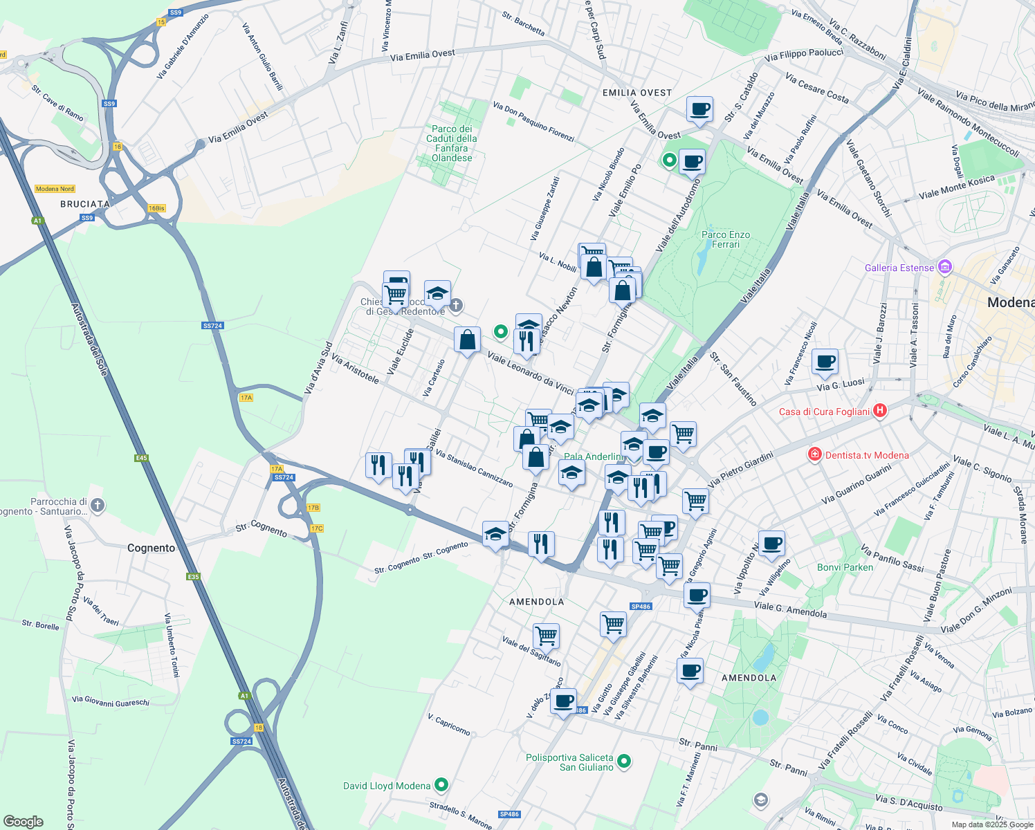 map of restaurants, bars, coffee shops, grocery stores, and more near Via Luigi Pasteur in Modena