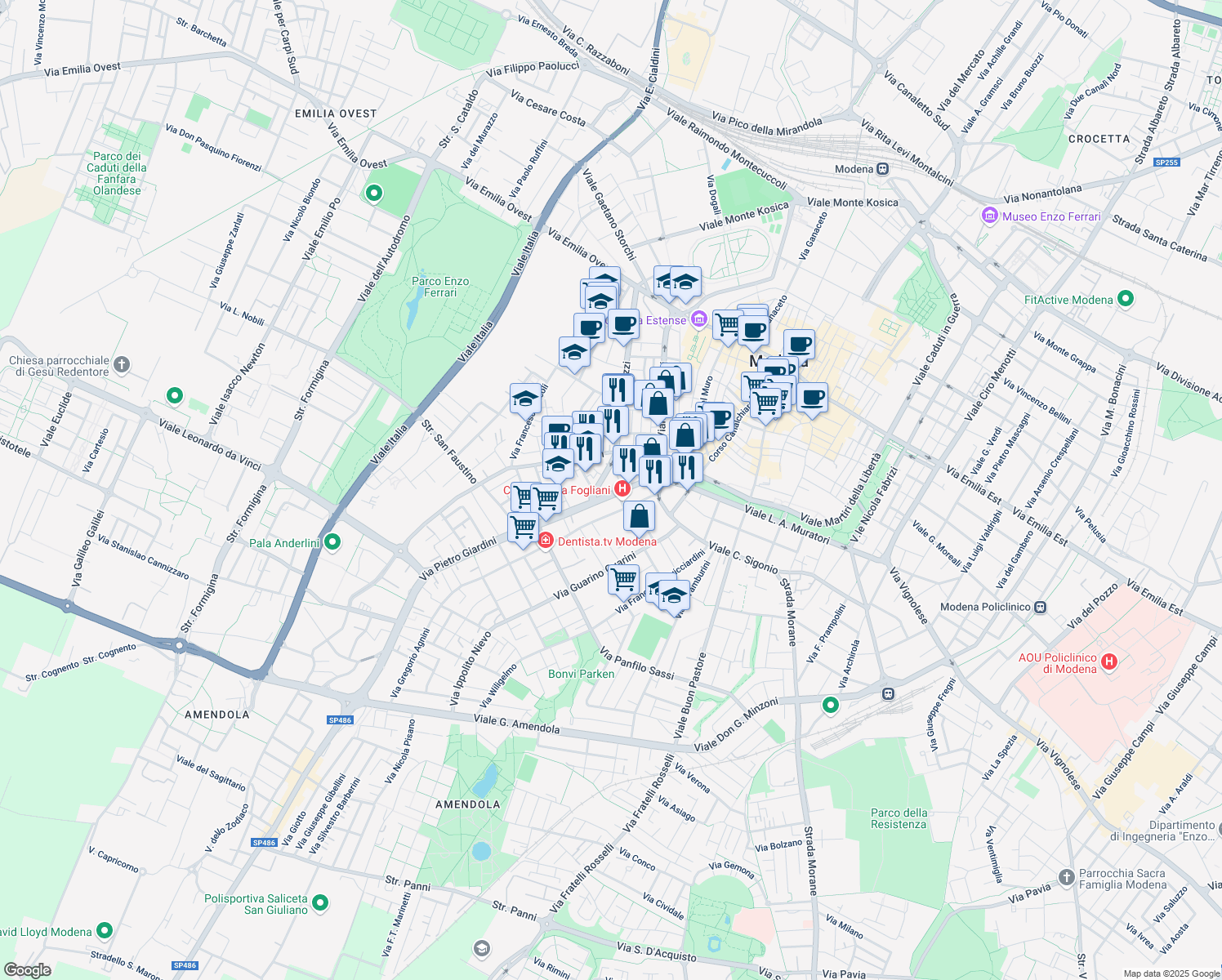 map of restaurants, bars, coffee shops, grocery stores, and more near 140 Via Pietro Giardini in Modena