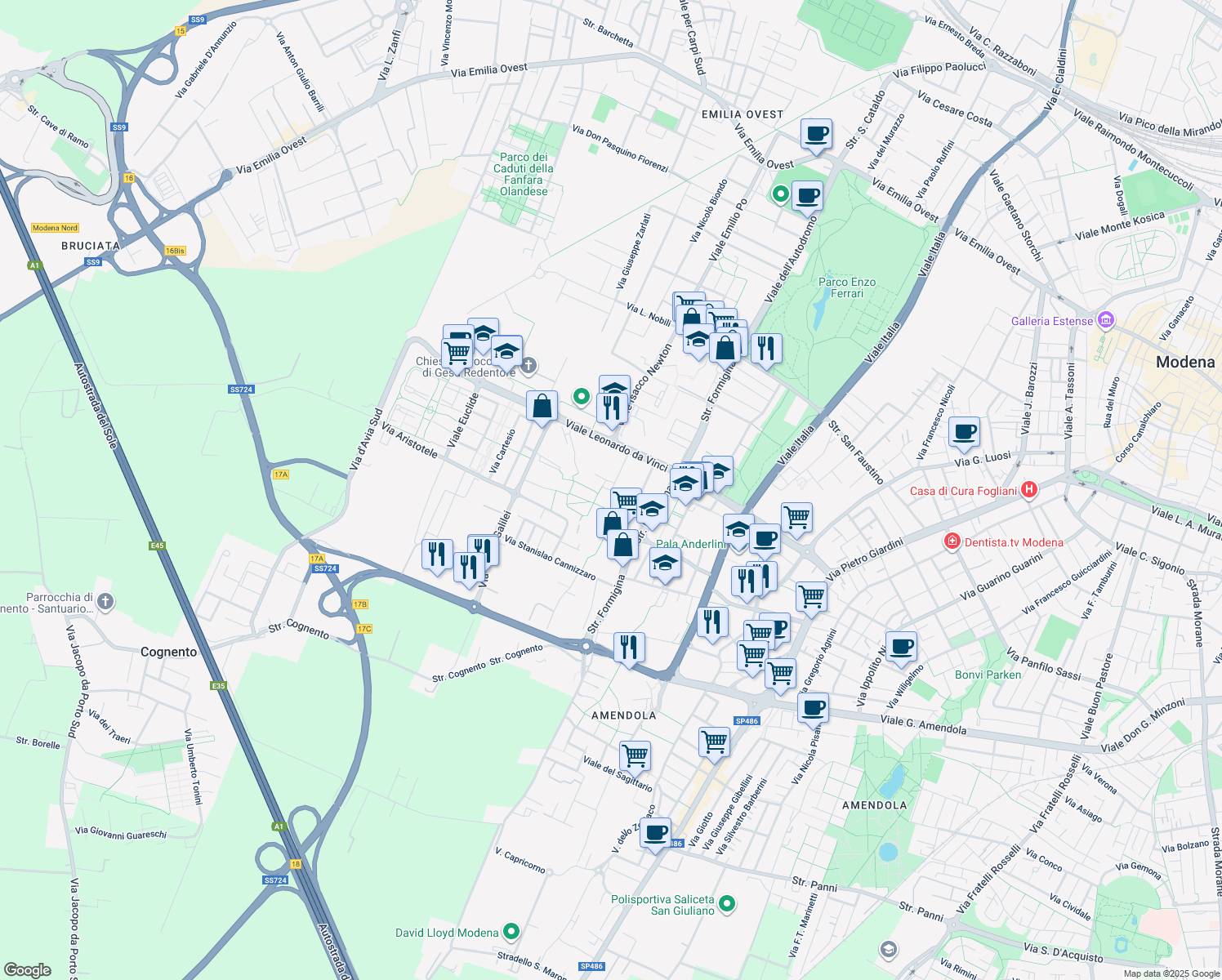map of restaurants, bars, coffee shops, grocery stores, and more near 8 Via Luigi Pasteur in Modena