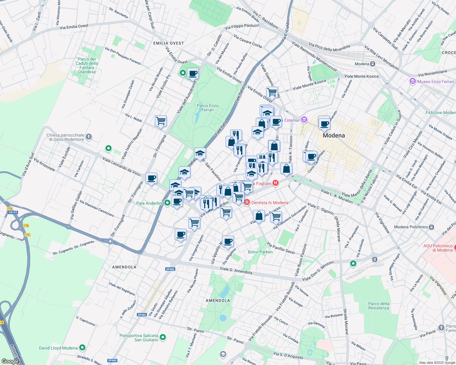 map of restaurants, bars, coffee shops, grocery stores, and more near 197 Via Giuseppe Luosi in Modena