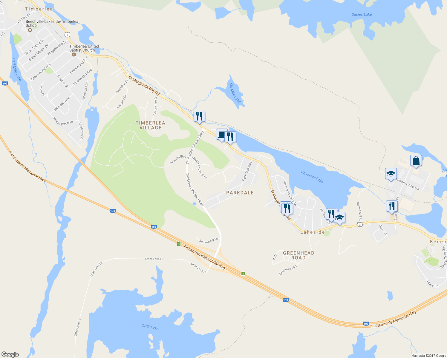 map of restaurants, bars, coffee shops, grocery stores, and more near 23 Cabernet Court in Timberlea