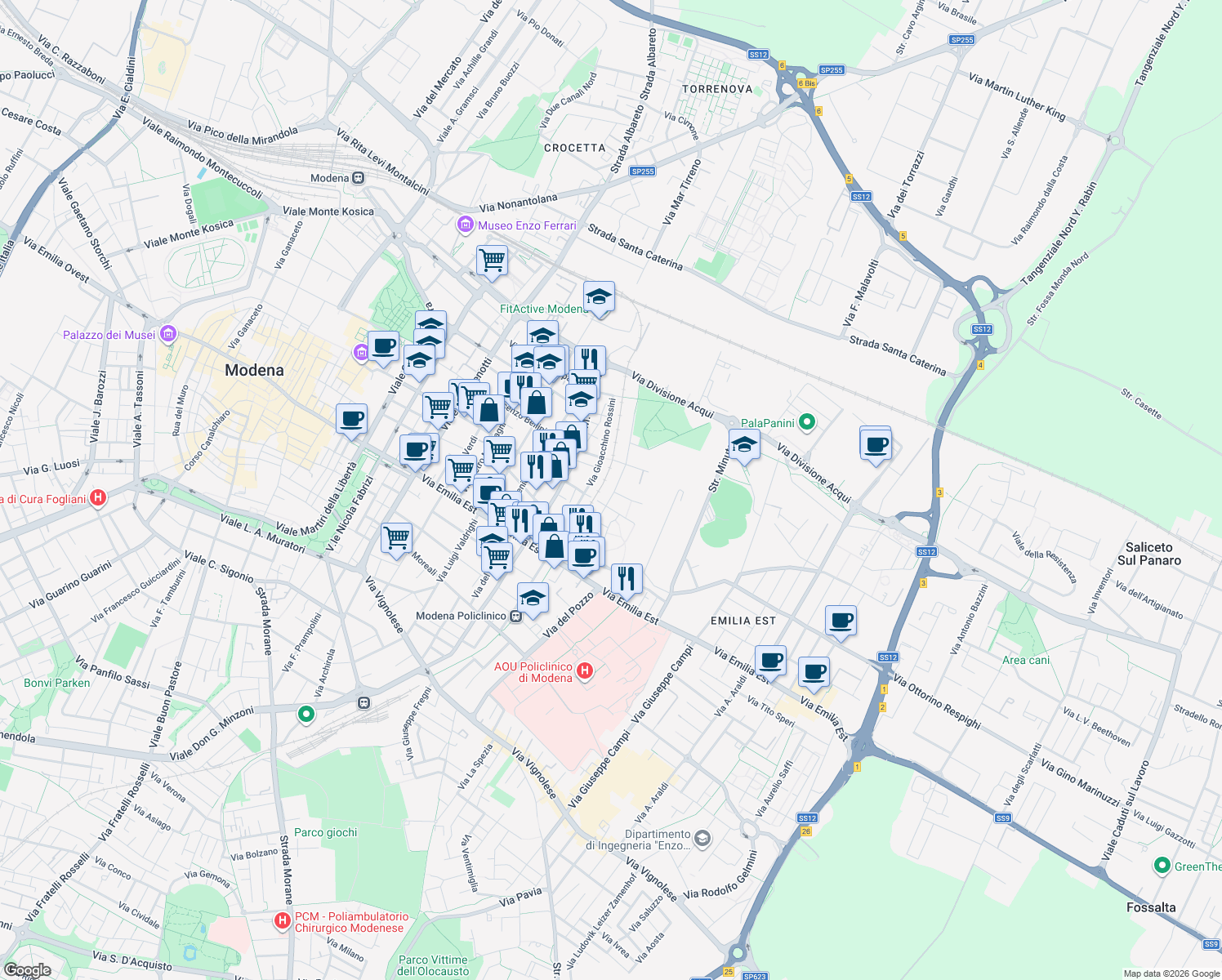 map of restaurants, bars, coffee shops, grocery stores, and more near 125 Via Gian Battista Pergolesi in Modena