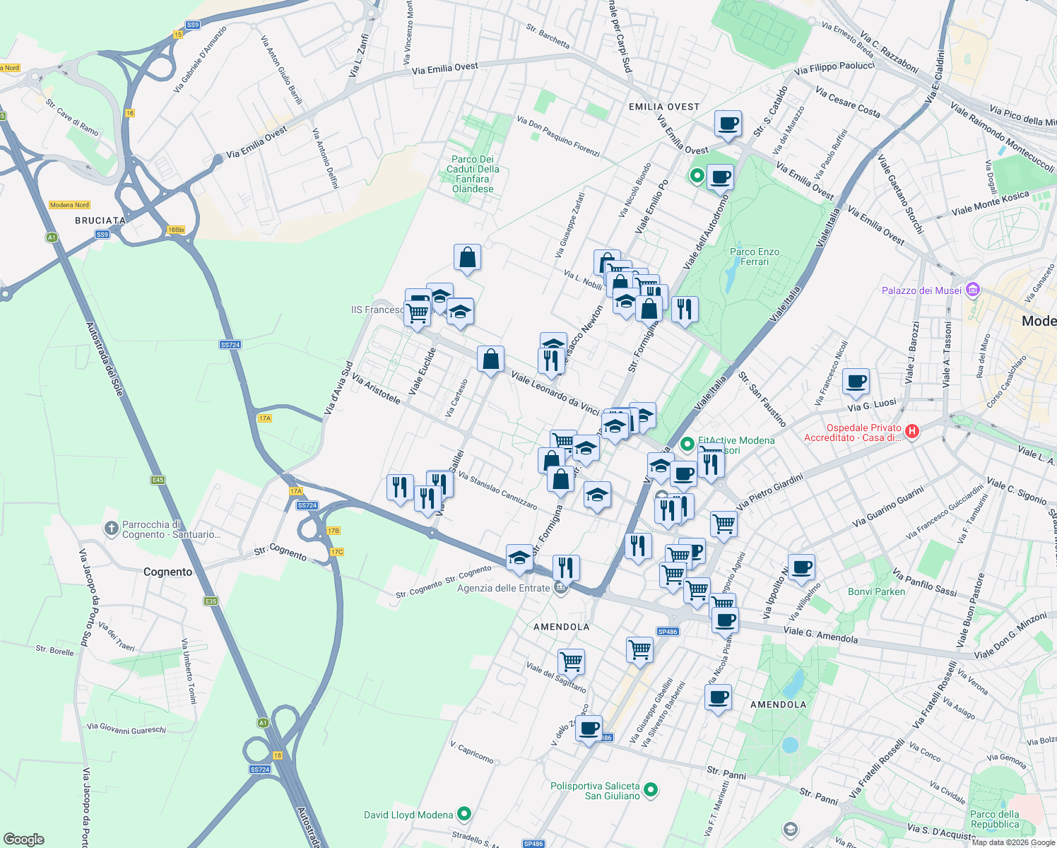 map of restaurants, bars, coffee shops, grocery stores, and more near 20 Via Edoardo Corsini in Modena