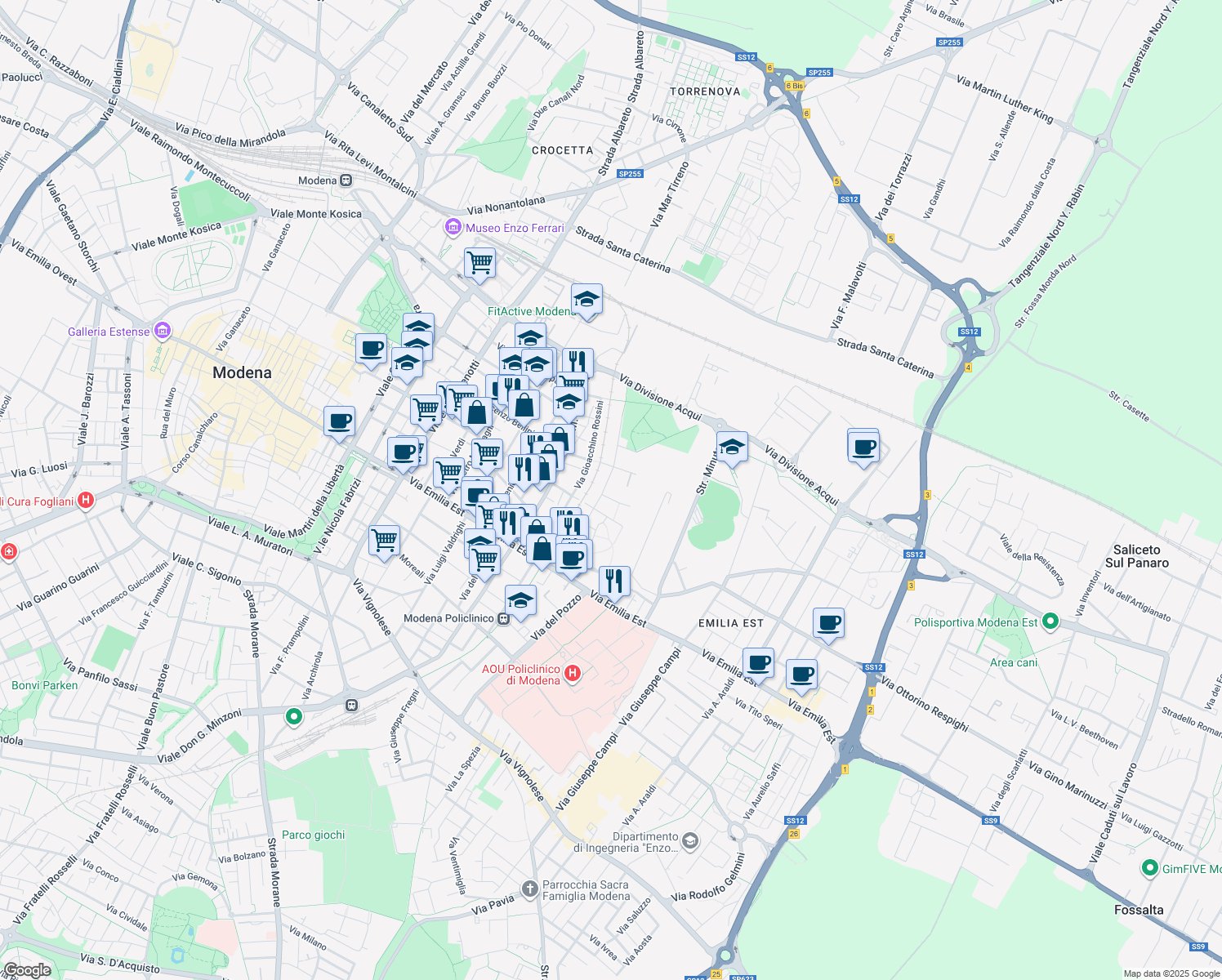 map of restaurants, bars, coffee shops, grocery stores, and more near 115-221 Via Pergolesi in Modena