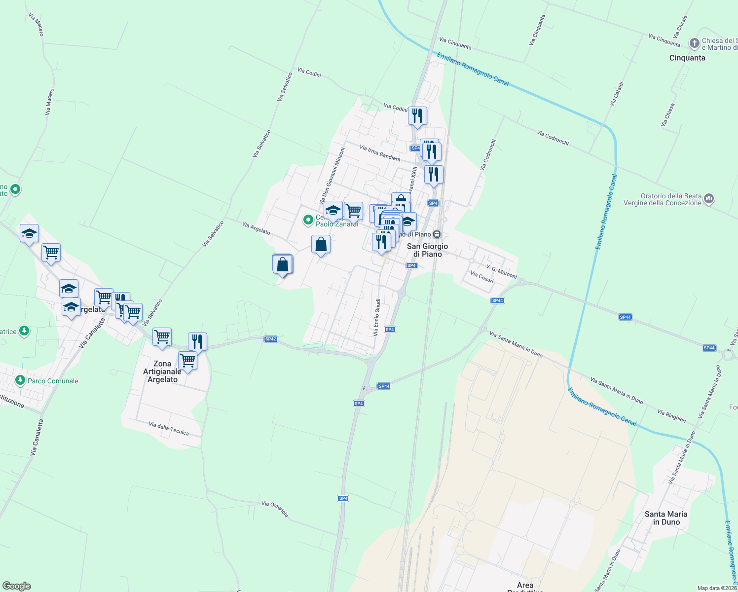 map of restaurants, bars, coffee shops, grocery stores, and more near 1/2 Via G. di Vittorio in San Giorgio di Piano