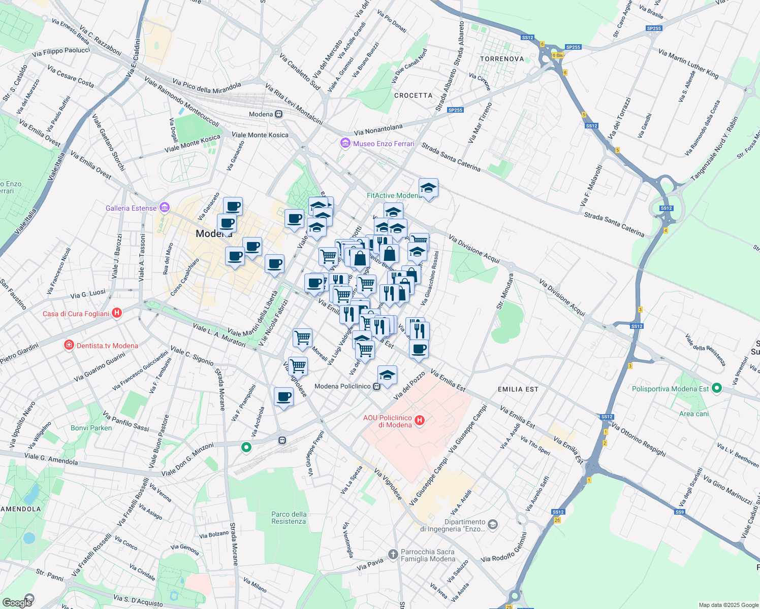 map of restaurants, bars, coffee shops, grocery stores, and more near 66-112 Via Arsenio Crespellani in Modena