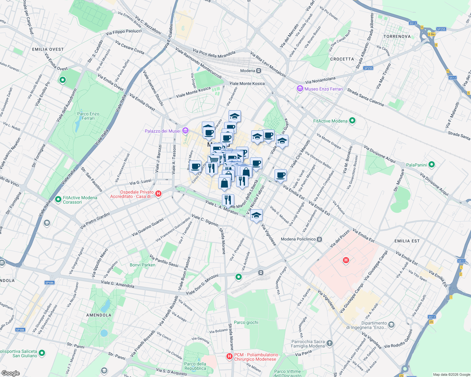 map of restaurants, bars, coffee shops, grocery stores, and more near 36 Via Mascherella in Modena