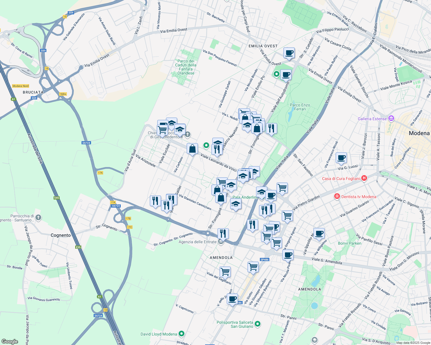 map of restaurants, bars, coffee shops, grocery stores, and more near 8 Via Luigi Pasteur in Modena