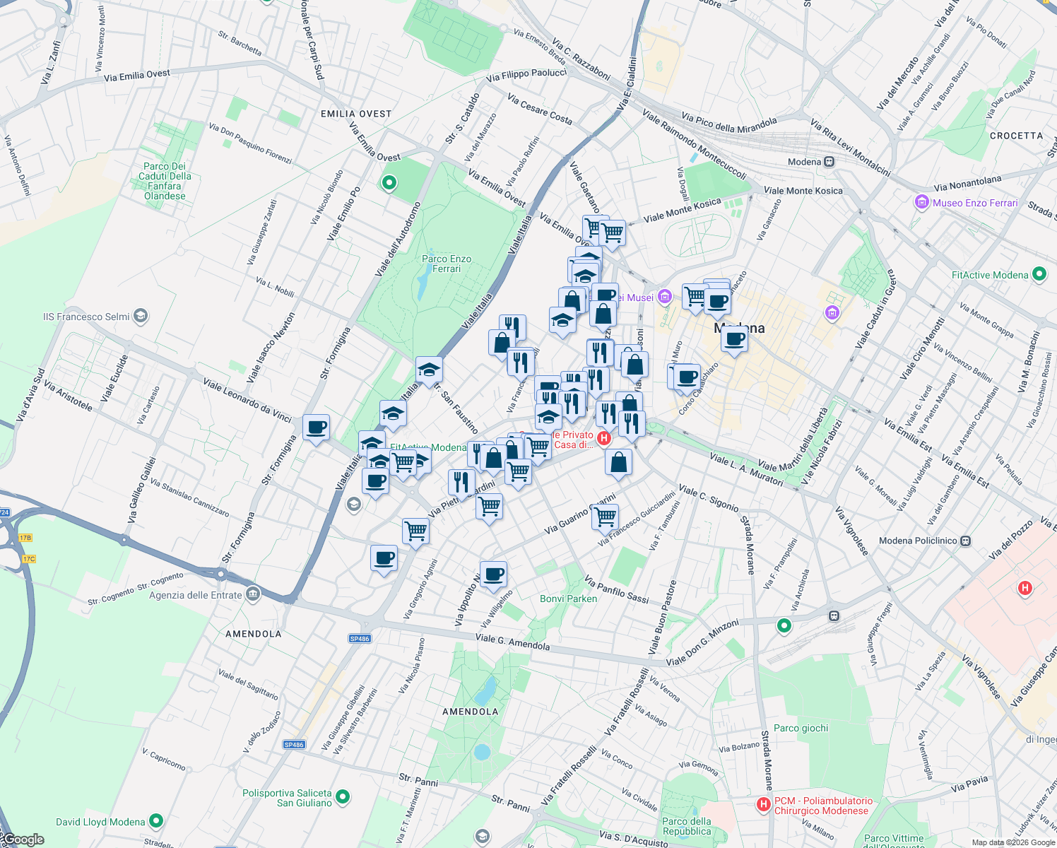 map of restaurants, bars, coffee shops, grocery stores, and more near 67 Via Sante Fattori in Modena