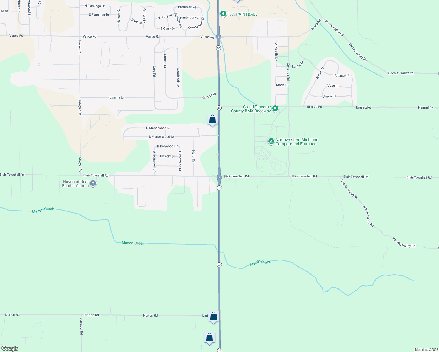 map of restaurants, bars, coffee shops, grocery stores, and more near 2999 Highway 37 in Traverse City