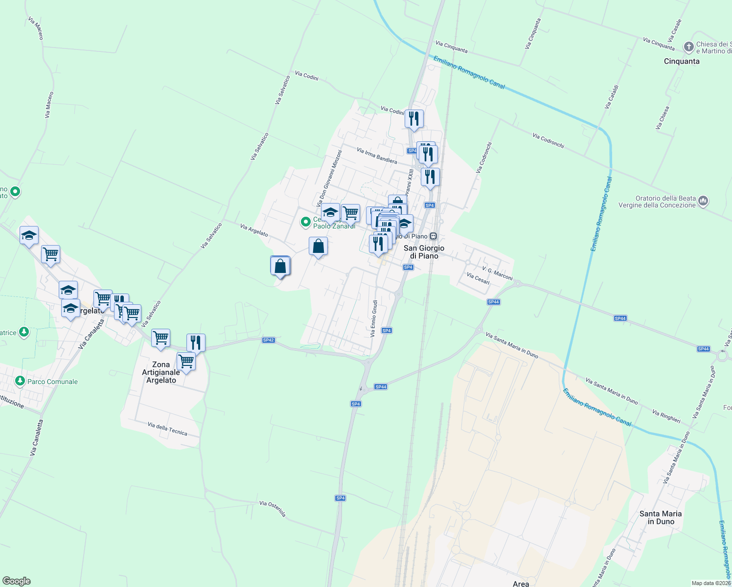 map of restaurants, bars, coffee shops, grocery stores, and more near 1/2 Via G. di Vittorio in San Giorgio di Piano