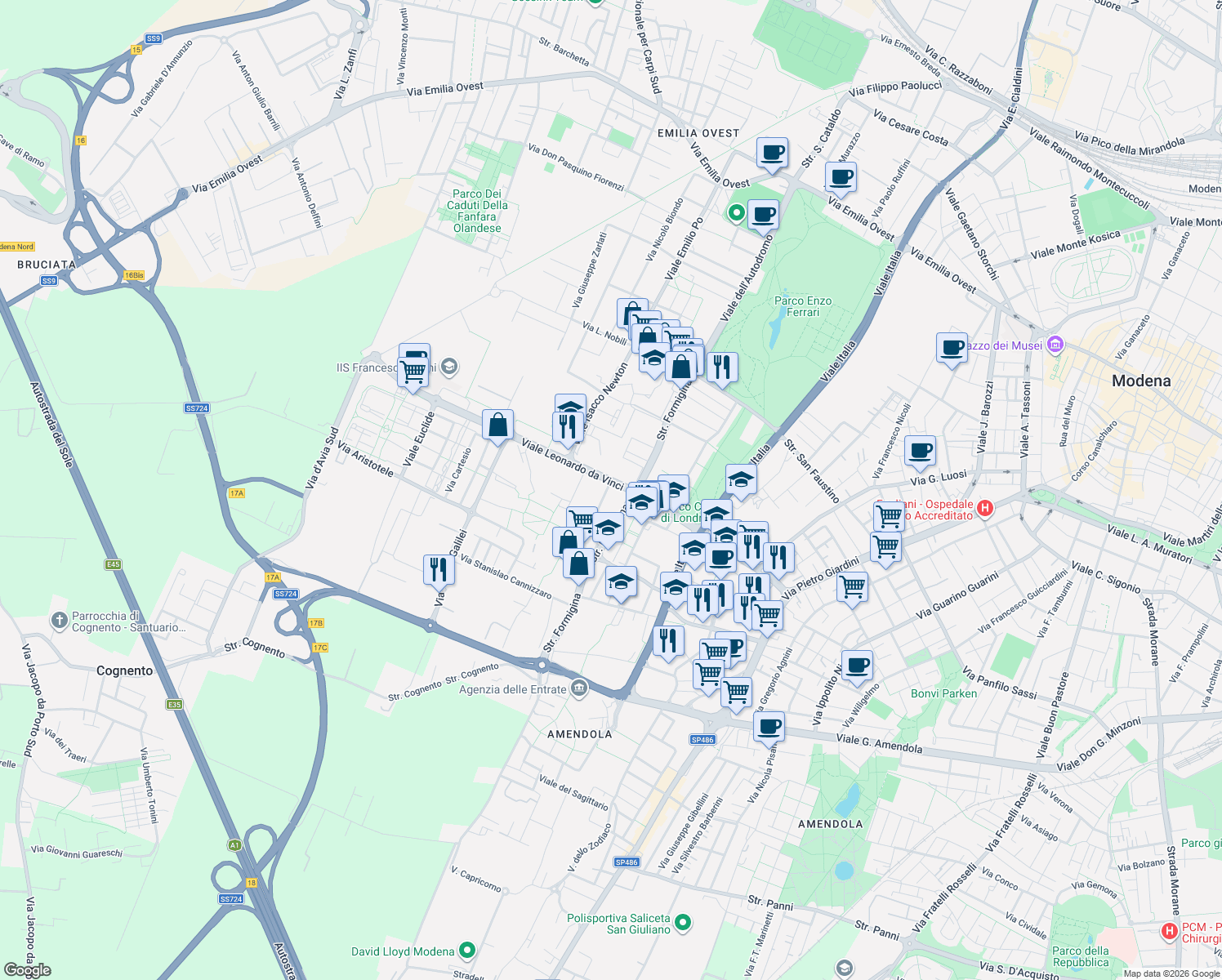 map of restaurants, bars, coffee shops, grocery stores, and more near 1 Via Marie Curie in Modena