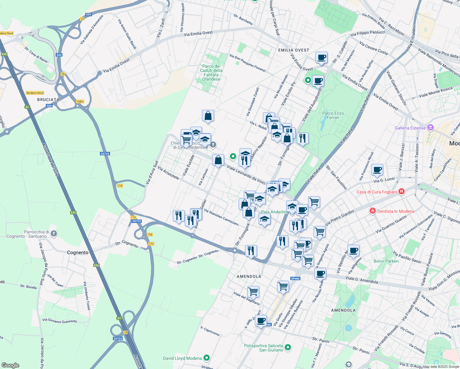 map of restaurants, bars, coffee shops, grocery stores, and more near 20 Via Edoardo Corsini in Modena