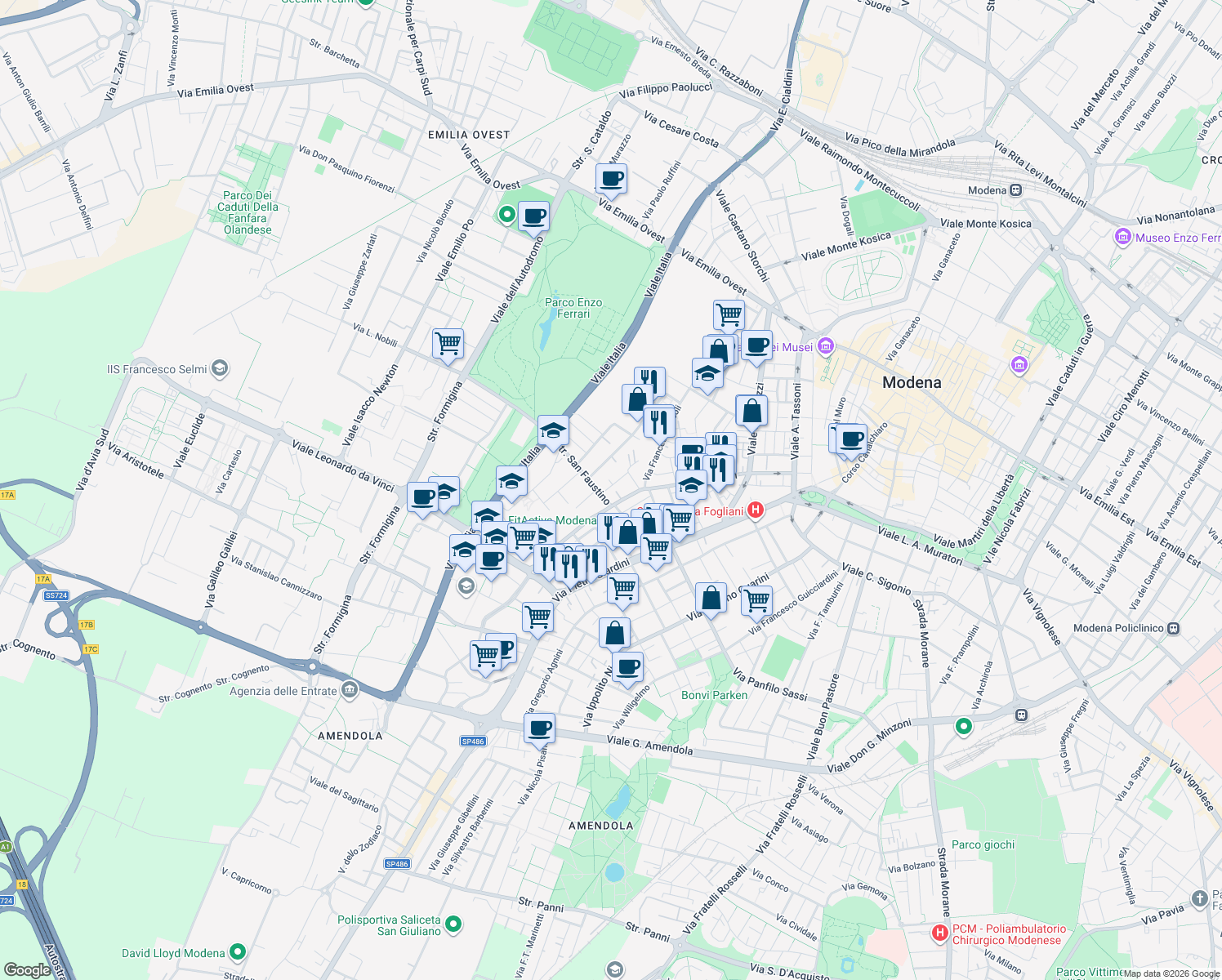 map of restaurants, bars, coffee shops, grocery stores, and more near 6 Via Francesco Stringa in Modena