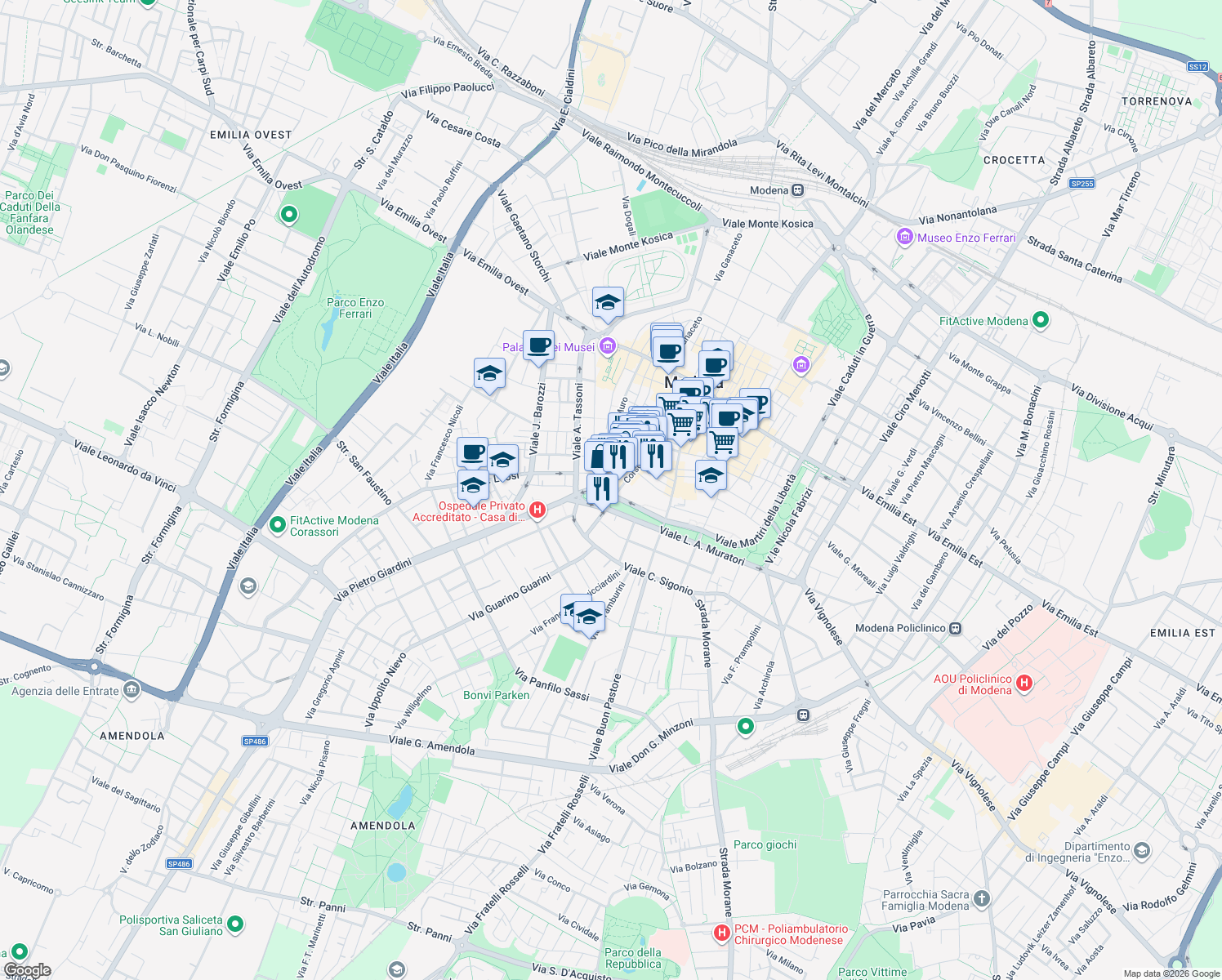 map of restaurants, bars, coffee shops, grocery stores, and more near 159 Corso Canalchiaro in Modena