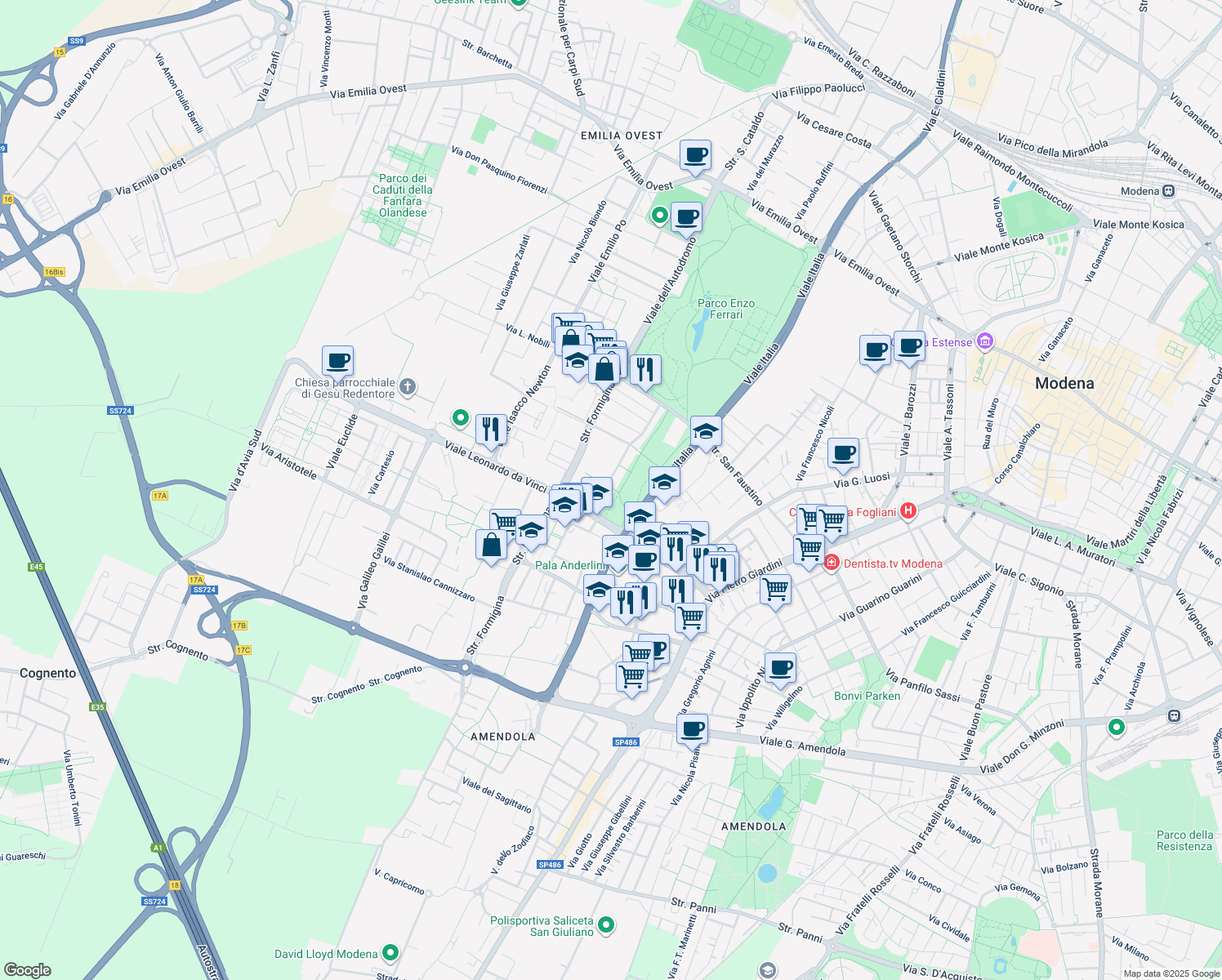 map of restaurants, bars, coffee shops, grocery stores, and more near 22 Via Monsignor Luigi della Valle in Modena