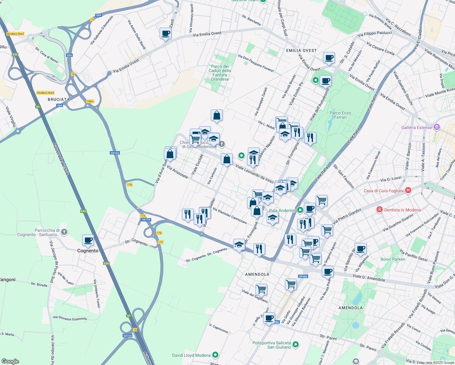 map of restaurants, bars, coffee shops, grocery stores, and more near 10 Via Gaetana Agnesi in Modena