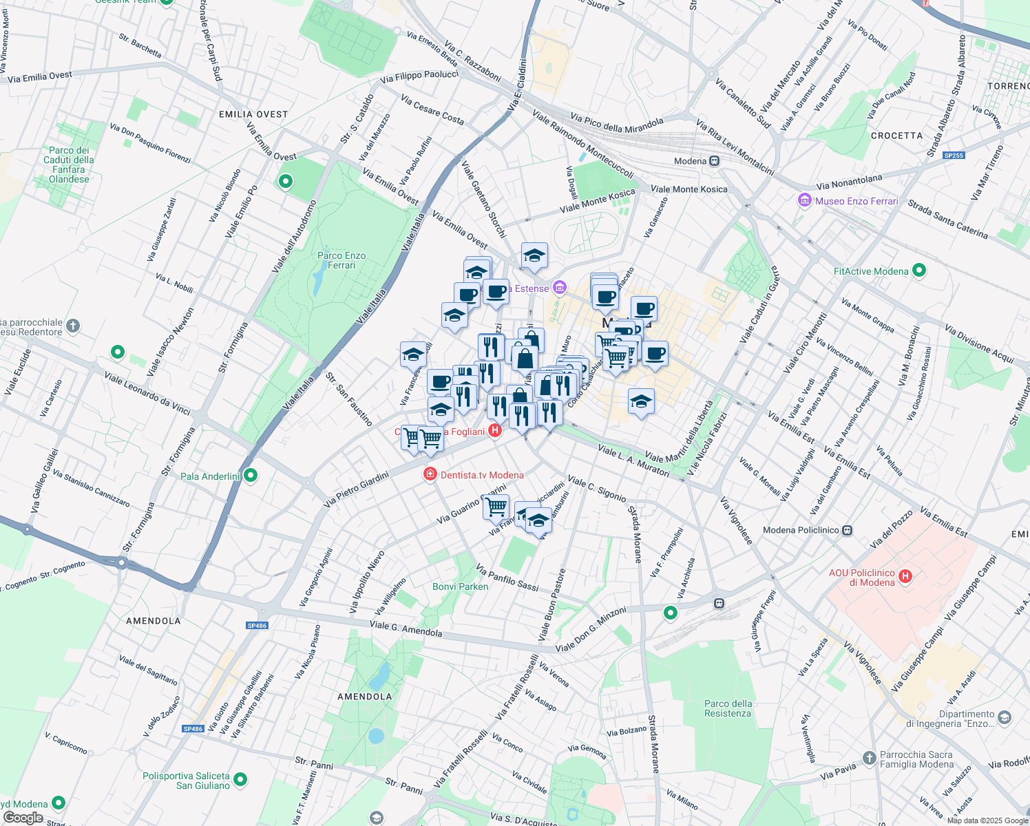 map of restaurants, bars, coffee shops, grocery stores, and more near 15 Via Orazio Vecchi in Modena