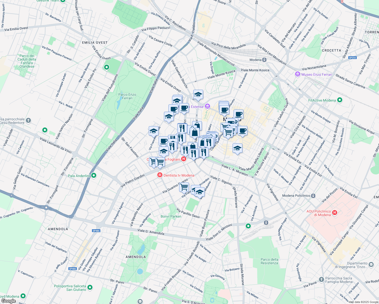 map of restaurants, bars, coffee shops, grocery stores, and more near 15 Via Orazio Vecchi in Modena