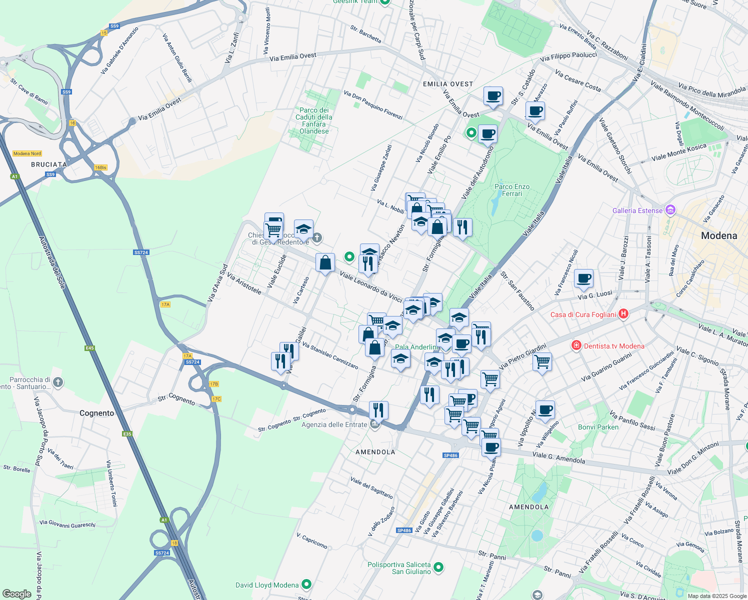 map of restaurants, bars, coffee shops, grocery stores, and more near Via Luigi Pasteur in Modena