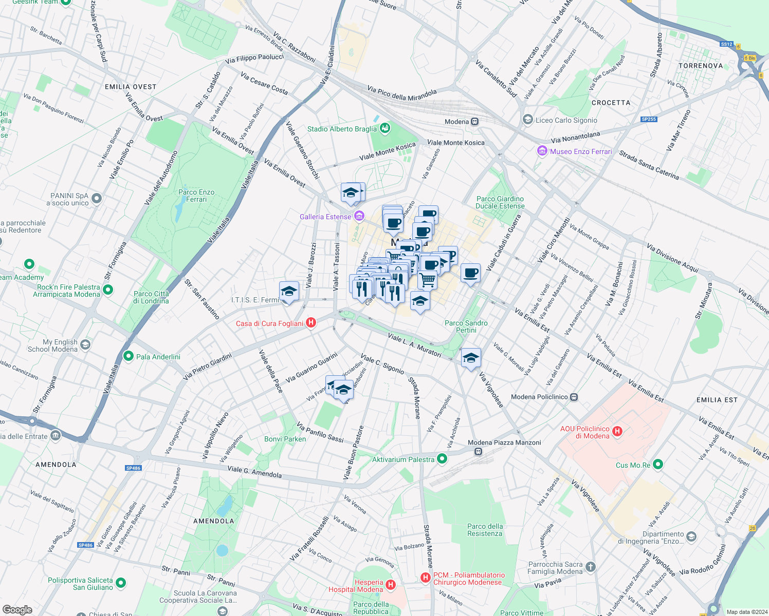map of restaurants, bars, coffee shops, grocery stores, and more near 54 Via San Paolo in Modena